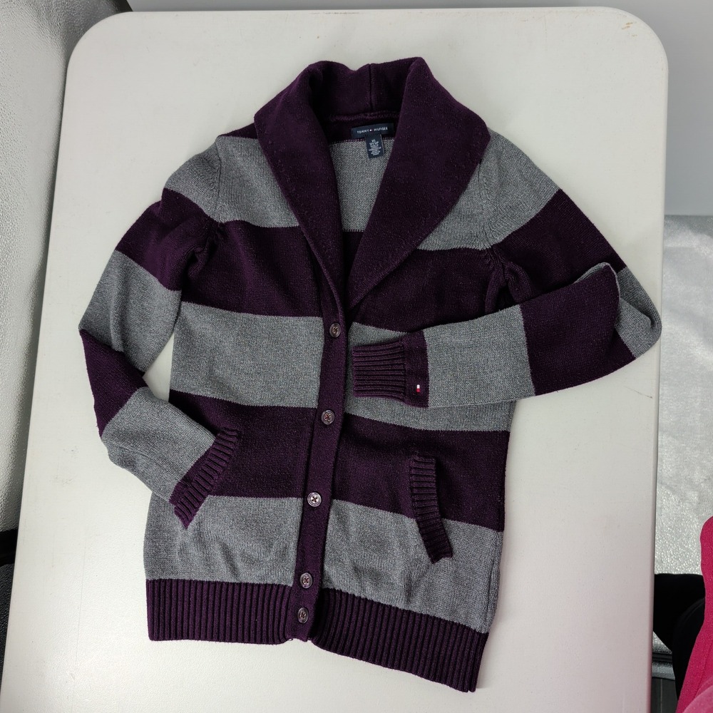 Tommy Hilfiger Women Purple Grey Striped Shawl Collar Cardigan Sweater XS